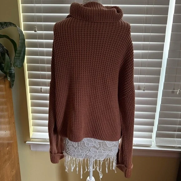 Free People Pullover Waffle knit sweater Oversized Orange Brown Distressed L - Picture 5 of 15